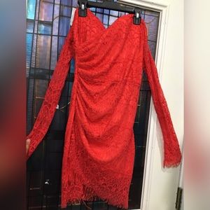 Red lace strapless dress